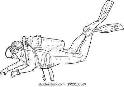 Sketch silhouette scuba divers on white background