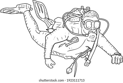 Sketch silhouette scuba divers on white background.