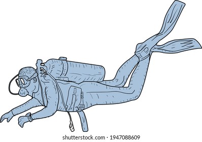 Sketch silhouette scuba divers on white background.
