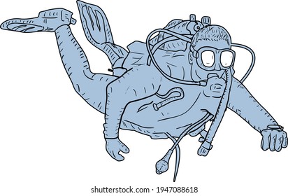 Sketch silhouette scuba divers on white background.