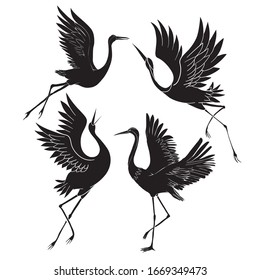 Sketch and silhouette or shadow black ink icons of crane birds or herons flying and standing set.