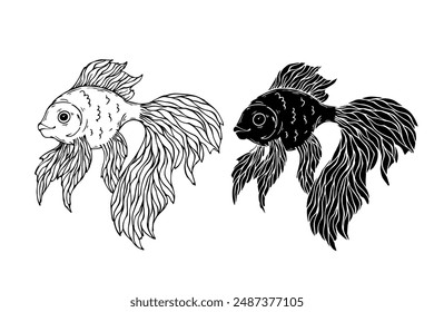 Sketch, silhouette, stamp of a decorative goldfish. Vector graphics.