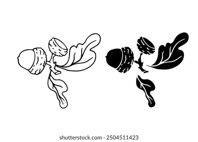 Sketch, silhouette, stamp of oak branch with acorns. Seasonal botanical element. Vector graphics.