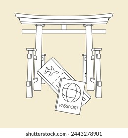 Puerta Torii Sketch Silhouette. Pasaporte, Billete De Avión. Punto de referencia religioso. Viaje a Japón. Viaje a Asia. Vuelo, documento extranjero. Viaje. Contorno dibujado, formas blancas. Ilustración de vector