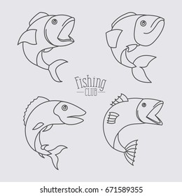 sketch silhouette types fish and logo text fishing club in center vector illustration