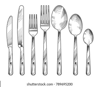 Sketch silver knife, fork and spoon. Hand drawn cutlery vector set. Cutlery silver knife and fork, sketch dinner silverware illustration