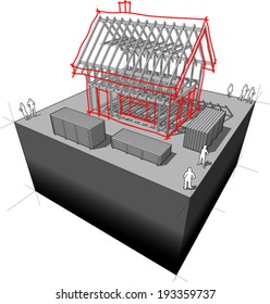 sketch of a simple detached house over a wooden framework construction  (another house diagram from the collection, all have the same point of view/angle/perspective, easy to combine)