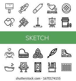 sketch simple icons set. Contains such icons as Painting brush, Heart, Trout, Drawing board, Smoked sausage, Brush, Canvas, Round bread, Analgesic, can be used for web, mobile and logo