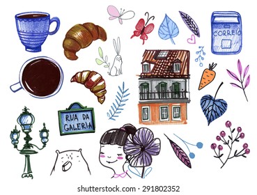 Sketch with simple symbols. Set of hand drawn elements. Vector illustration