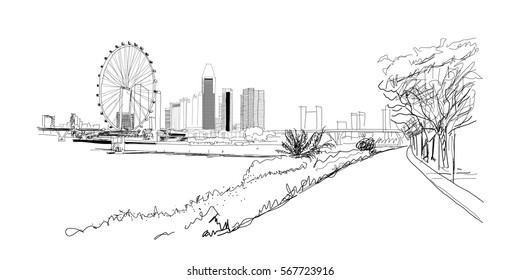 Sketch of Singapore marina bay in vector.