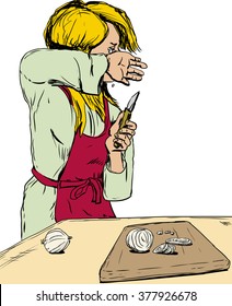 Sketch of single blond Caucasian female in red apron cutting onions and weeping