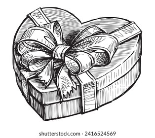 Esbozo de una sola caja de regalo en forma de corazón con cinta atada en arco decorativo, dibujo de la mano vectorial aislado en blanco