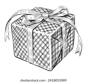 Esbozo de una sola caja de regalo con cinta atada en arco decorativo, dibujo vectorial aislado en blanco