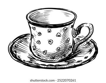 Sketch of single porcelain cup on saucer, hand drawn, vector illustration isolated on white