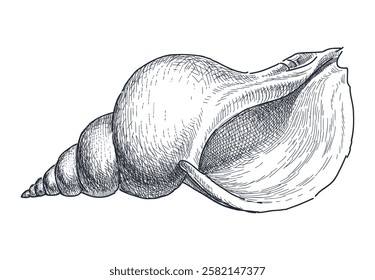 Sketch of single spiral seashell, hand drawing, vector illustration isolated on white