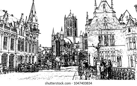 Sketch The Sint Michielsbrug bridge  the landmarks of Ghent, such as medieval mansions, St Nicholas Church and Belfort van Gent (Belfry) Belgium Vector illustration
