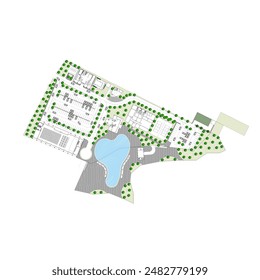 sketch of the site plan or layout for the landscape of the building area and garden and swimming pool into one area