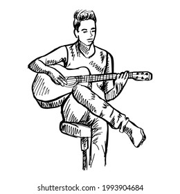 Sketch of a sitting musician playing an acoustic guitar