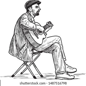 Sketch of sitting street musician playing on guitar