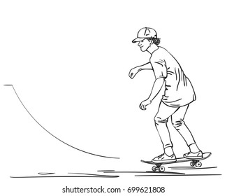 Sketch Of Skateboarder In Cap, T-shirt And Tight Pants Riding On Skateboard In Skate Park, Hand Drawn Line Art Vector Illustration Isolated On White