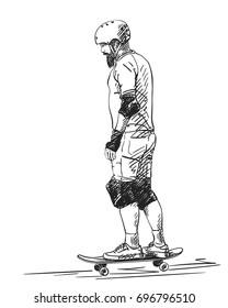 Sketch of skateboarder in full protection, helmet and beard riding on skateboard, Hand drawn hatched shades vector illustration isolated on white background