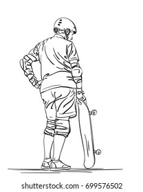 Sketch of skateboarder in protection and helmet stands akimbo and holds skateboard, Hand drawn line art vector illustration isolated on white background