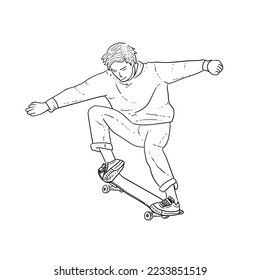Sketch Skater doing trick isolated on white background vector modern illustrations
