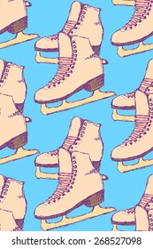 Sketch skating shoes in vintage style, vector seamless pattern