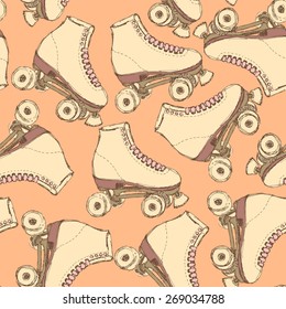 Sketch skating shoes in vintage style, vector seamless pattern