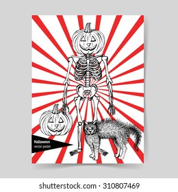 Sketch skeleton with curved pumpkin head and cat in vintage style, vector