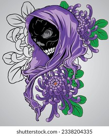sketch skeleton skull face and flower