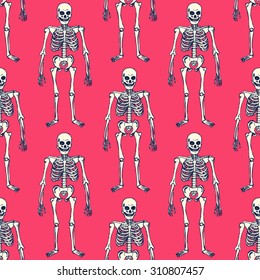 Sketch Skeleton In Vintage Style, Vector Seamless Pattern