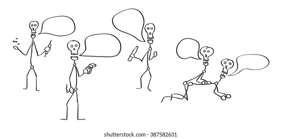 sketch of the skeletons represent different threats (alcohol, drugs, sex) with speak bubbles, isolated vector