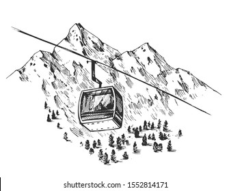 Sketch of ski resort. Hand drawn illustration converted to vector. Isolated on white background