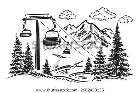 Sketch of ski resort in mountains hand drawn
