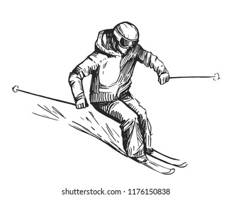 Sketch of skier in the mountains. Hand drawn illustration converted to vector