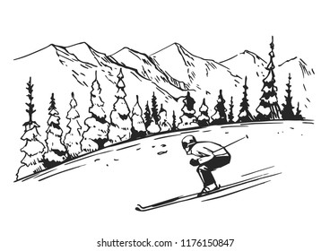 Sketch of skier in the mountains. Hand drawn illustration converted to vector