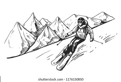 Sketch of skier in the mountains. Hand drawn illustration converted to vector