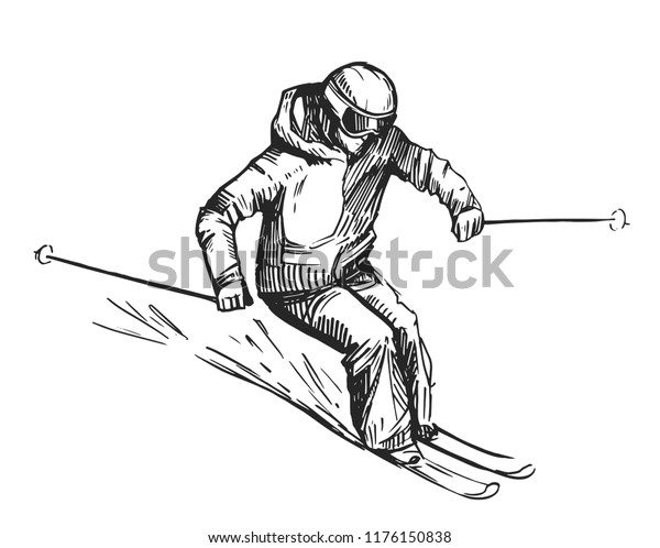 Sketch Skier Mountains Hand Drawn Illustration Stock Vector (Royalty ...