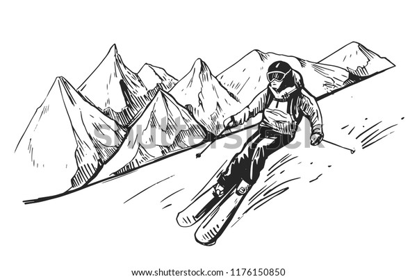 Sketch Skier Mountains Hand Drawn Illustration Stock Vector (Royalty ...