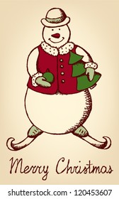 Sketch skiing snowman with New Year tree and toy, vector postcard