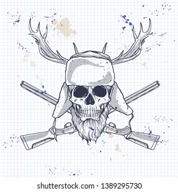 Sketch, skull with beard, hat with ear flaps, rifles, antler and ribbon for text on a notebook page
