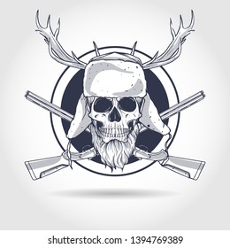 Sketch, skull with beard, hat with ear flaps, rifles, antler and ribbon for text