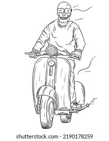 sketch skull bikers riding vintage scooter