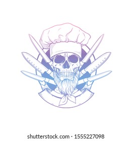 Sketch of skull with cooks knife set
