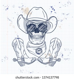 Sketch, skull with cowboy hat, sheriff_s badge, neck scarf, cowboy boots and sunglasses on a notebook page