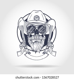 Sketch, skull with cowboy hat, sheriffs badge, revolver, beard and mustaches and glasses