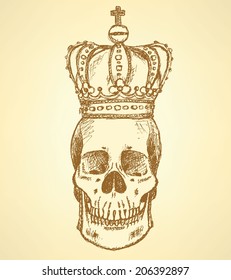 Sketch skull in crown, vector vintage background  