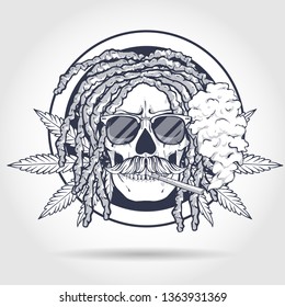 Sketch, skull with dreadlocks, cigarette, mustaches, hemp leaf and sunglasses