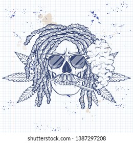 Sketch, skull with dreadlocks, cigarette, mustaches, hemp leaf and sunglasses on a notebook page